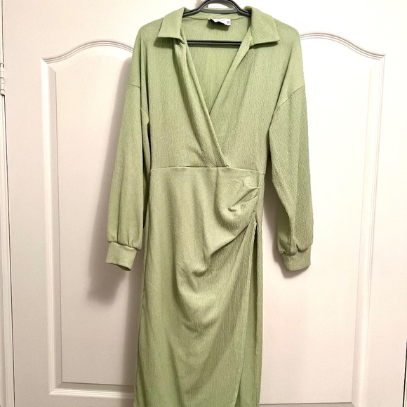 ASOS DESIGN textured collared wrap midi dress in mint/sage US Size 6 - Picture 4 of 8